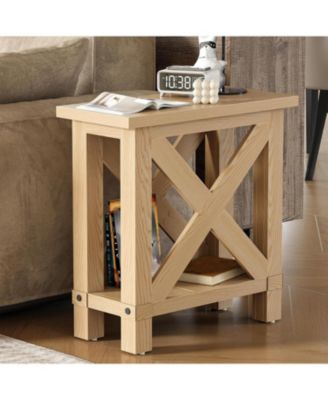 Farmhouse Side Table Set of 2, Narrow End Table for Space Saving, Bedside Furniture for Bedroom, Living Room, Small Spaces, Oak