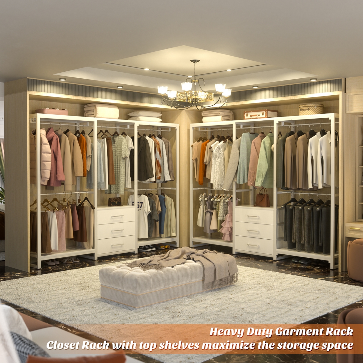 Aheaplus Heavy Duty Closet Rack with 5 Hanging Rods & 3 Fabric Drawers, Reversible Garment Rack with Shelves for Closet/Bedroom