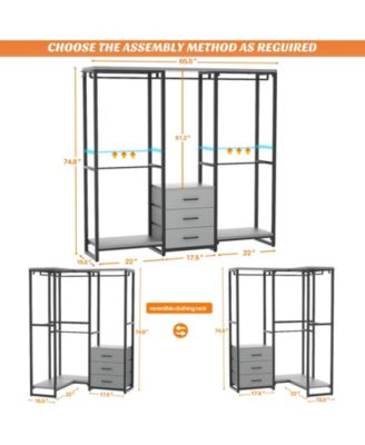 Heavy Duty Closet Rack with 5 Hanging Rods & 3 Fabric Drawers, Reversible Garment Rack with Shelves for Closet/Bedroom