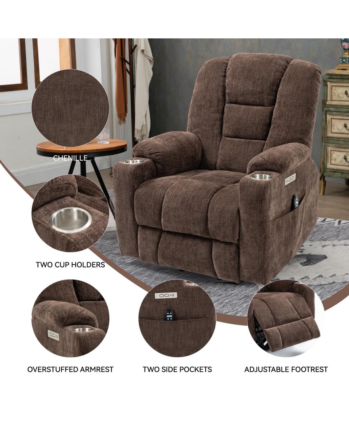 Maison Boucle Chenille Power Lift Recliner with Massage, Heat, Usb & Cup Holders, Wide Heavy-Duty Electric Chair for Seniors