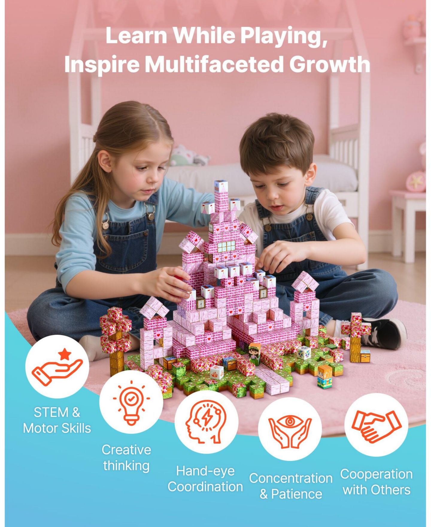 Детский конструктор Mecale Princess Castle 100-Piece Magnetic Building Set, Ages 3+, цвет: Розовый — фото 6