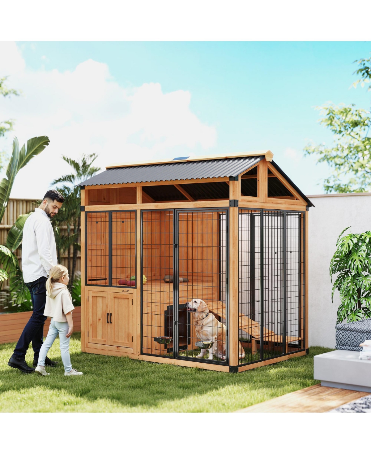 PawHut Extra Large Dog House with Activity Platform, Storage Cabinet