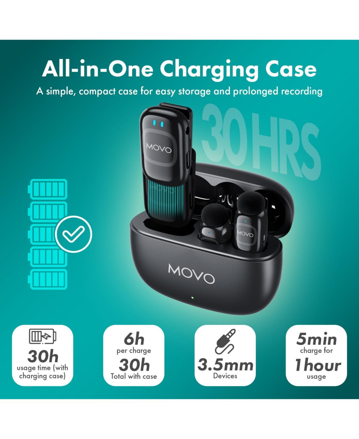 Movo NanoMic Wireless Lavalier Microphone System with Charging Case (3.5mm)