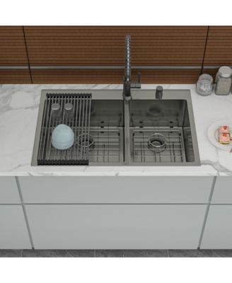 33x22x10inch Gunmetal Black Double Bowl Kitchen Sink Drop In Stainless Steel 16 Gauge 60 and 40