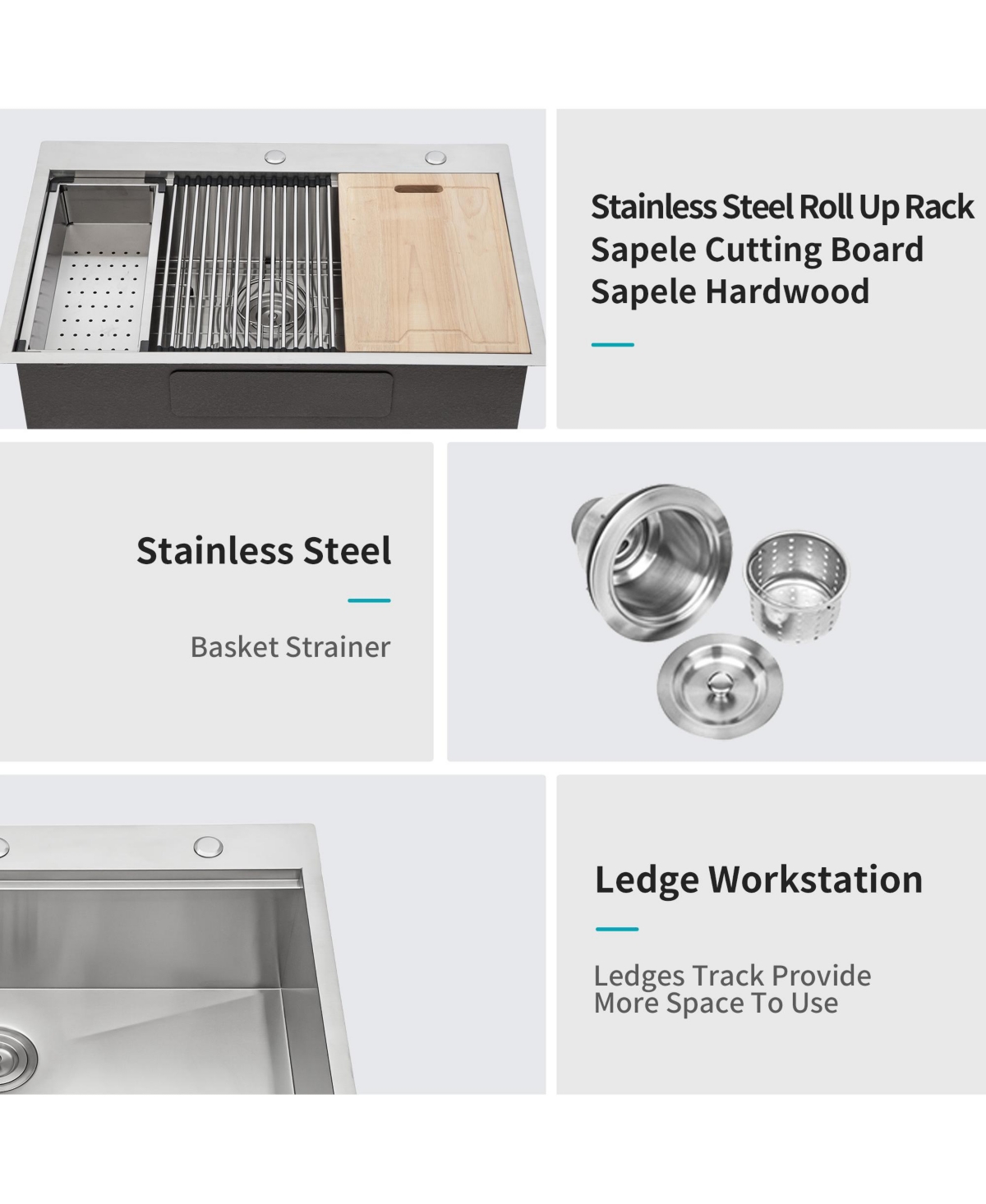 flynama 33x22x9inch 16 Gauge T304 Stainless Steel Drop In Topmount Single Bowl Ledge Workstation Kitchen Sink with Full Accessories
