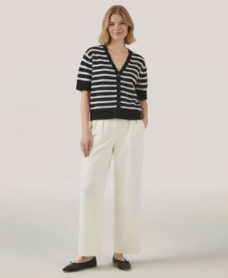 Women's Short-Sleeve Striped V-Neck Cardigan