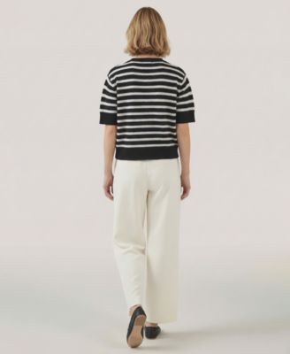 Women's Short-Sleeve Striped V-Neck Cardigan