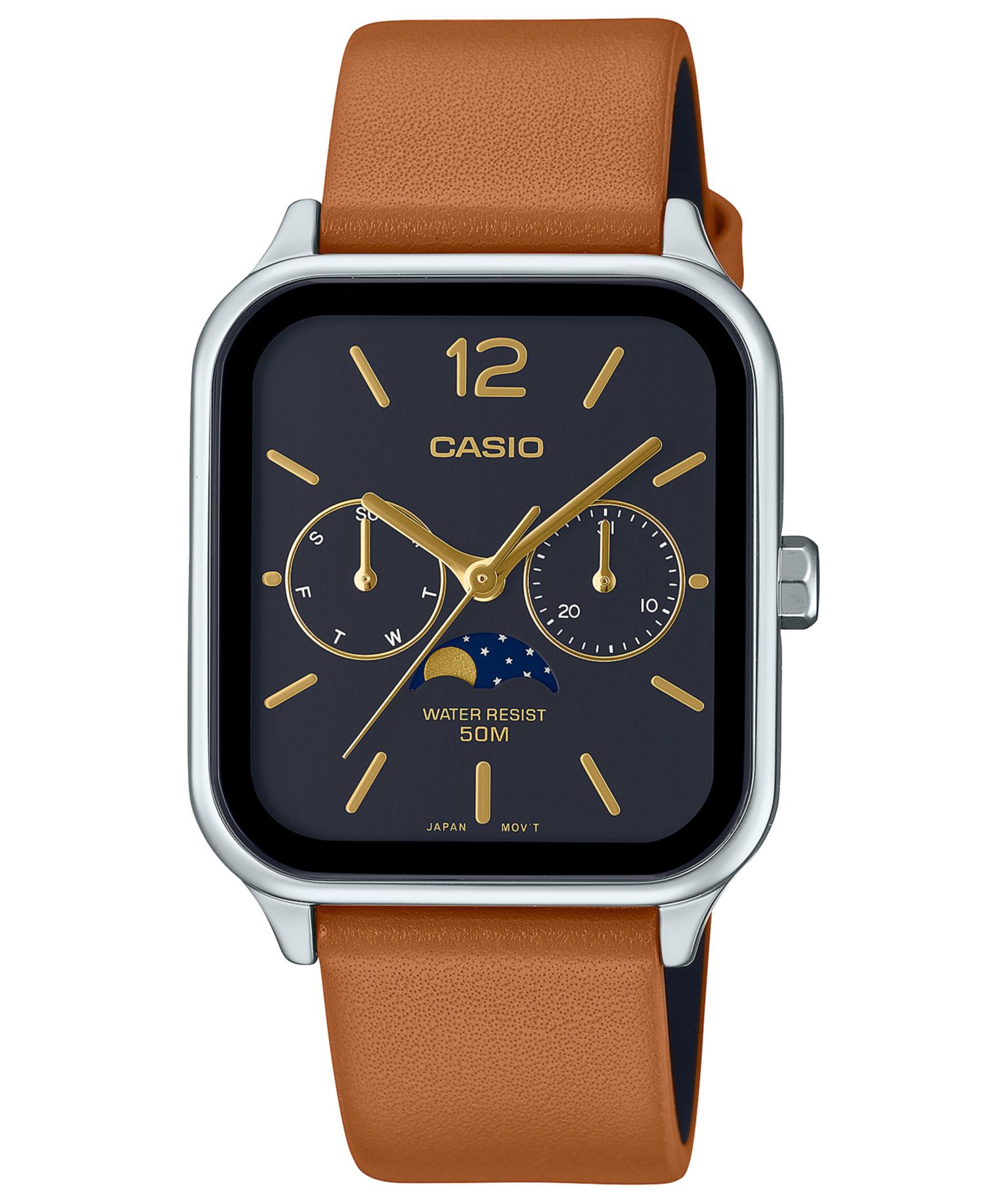 Men's Japanese Quartz Brown Leather Watch 34mm