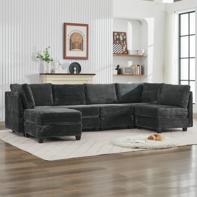 Corduroy Sectional Sofa with Ottoman & Storage
