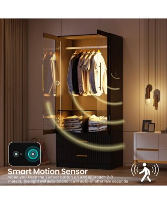 70.8" Modern Wardrobe Armoire with LED Glass Doors, Motion Sensor, 2 Drawers & Hanging Rod