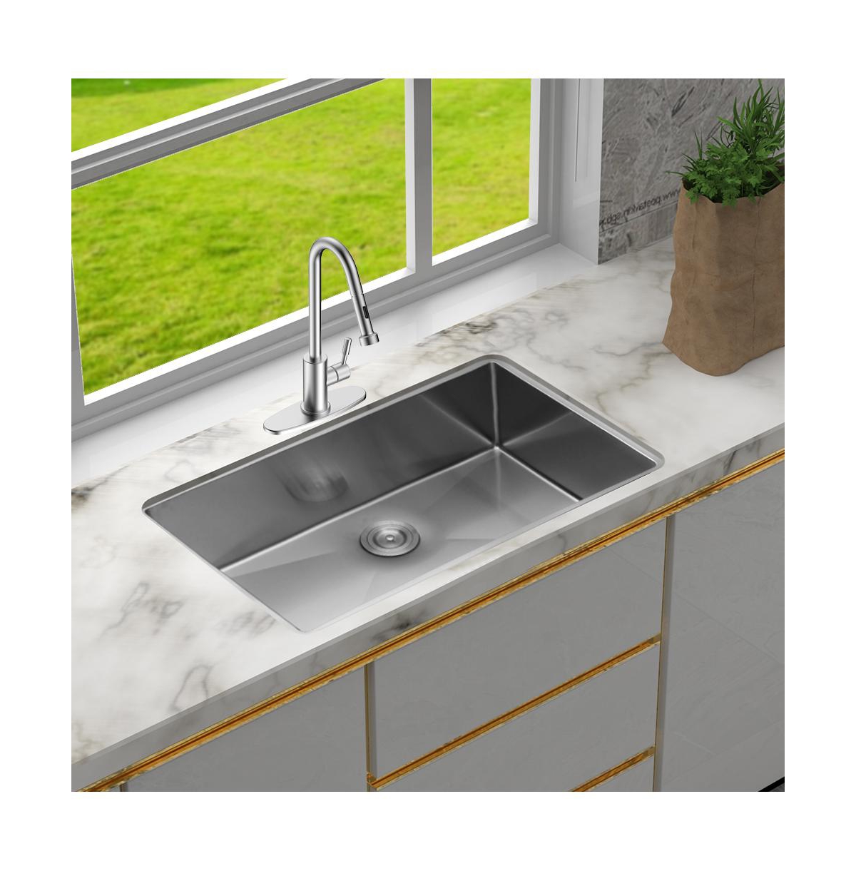 huluwat 30x18x9inch 16 Gauge 304 Stainless Steel Undermount Single Bowl Kitchen Sink with Drain Assembly No Additional Accessories