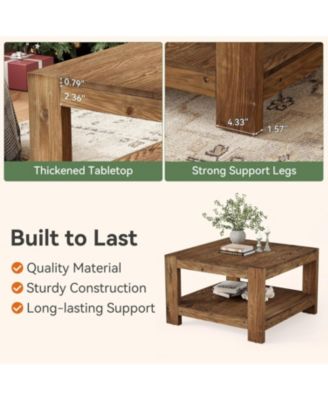 31.5" Square Solid Wood Coffee Table, 2-Tier Farmhouse Center Table for Living Room & Office, Rustic Brown