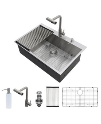 16-Gauge Stainless Steel Drop-In Kitchen Sink with Pull-Out Faucet, Single Bowl, 30" x 22" x 10"
