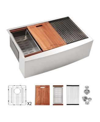 33x22x10 Inch Double Bowl 5050 Farmhouse Workstation Kitchen Sink 16 Gauge T304 Stainless Steel Apron Front With Cutting Board Colander