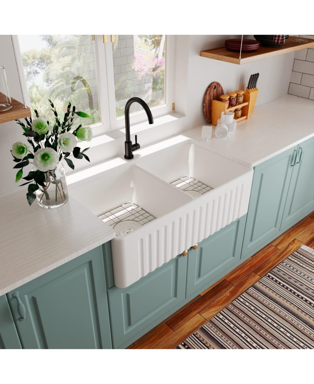 Flynama Fireclay Farmhouse Kitchen Sink, Double Basin, Apron Front, Reversible Design with Grid & Strainer, 33" x 20" x 10" Deep