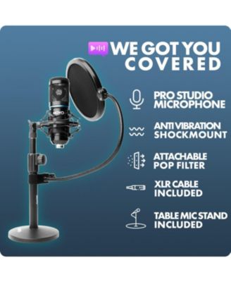 2-Pack Universal Cardioid Podcasting Microphone Bundle with Tabletop Mic Stand and Pop Filter for XLR Outputs