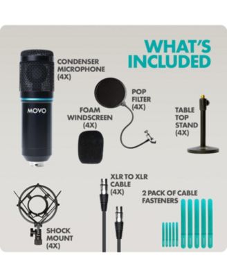 4-Pack Universal Cardioid Podcasting Microphone Bundle with Tabletop Mic Stand and Pop Filter, for XLR Outputs