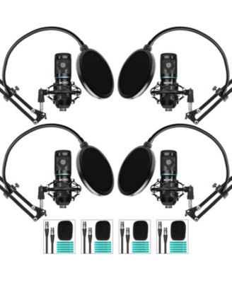 4-Pack Universal Cardioid Podcasting Microphone Bundle with Articulating Scissor Arm and Pop Filter for XLR Outputs