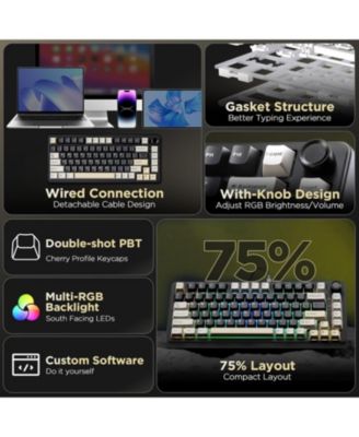 B75 Mechanical Keyboard,75% Layout with Knob,Hot Swappable RGB Backlit Gasket Mounted,Creamy Typing,Double-Shot PBT Keycaps,Cherry Profile