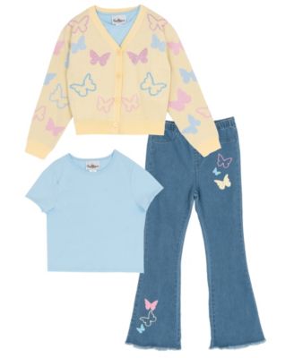 Girls' 7-16 Button Down Sweater with T-Shirt and Flare Pants, 3-Piece Set