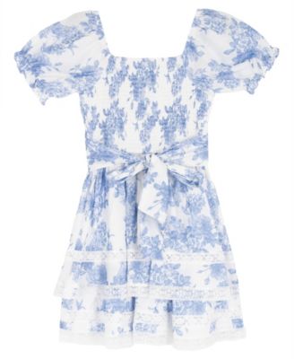 Girls' 7-16 Toile Puff-Sleeve Lace Trim Dress