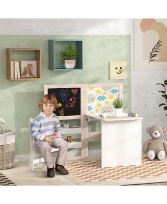 Kids Table and Chair Set 3 in 1 Art Table with Storage Shelves Foldable Blackboard Whiteboard Roll Paper for Kids 3-8 Years White