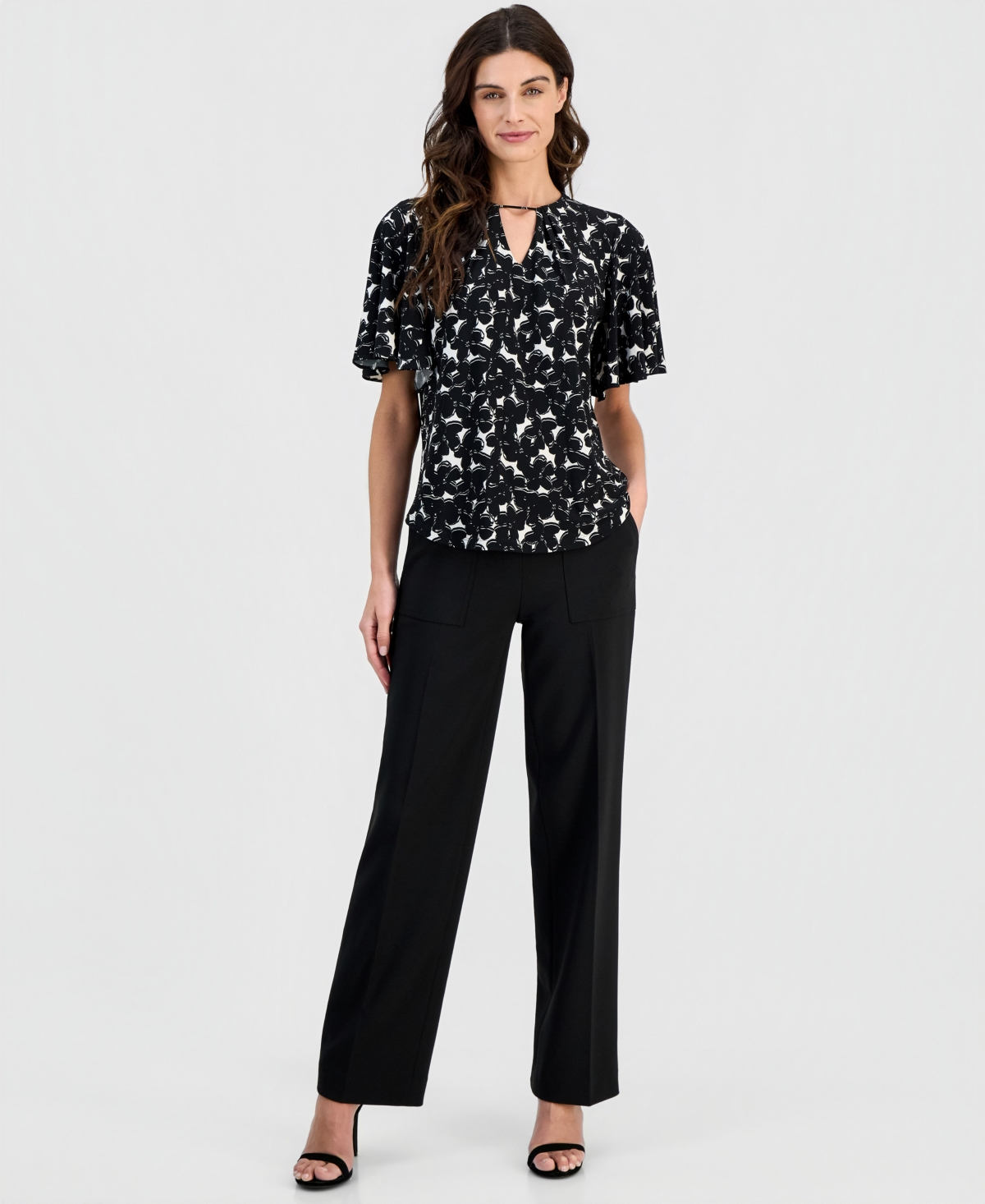 Anne Klein Women's Cutout-Neck Flutter-Sleeve Top