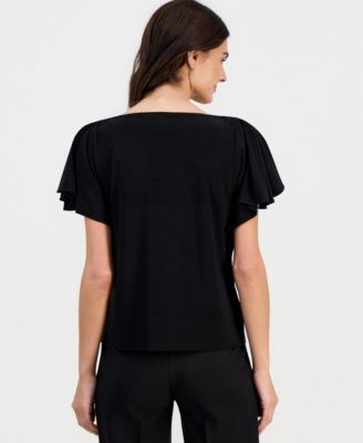 Women's Crewneck Cascade-Flutter-Sleeve Top
