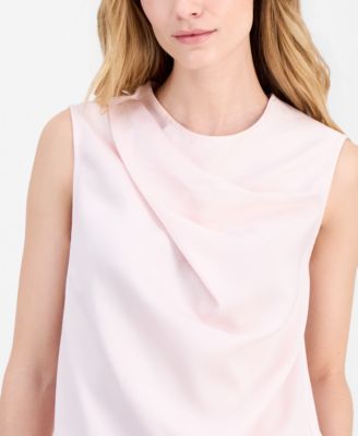 Petite Asymmetrical Shoulder Pleat Crew Neck Top