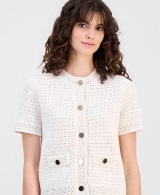 Women's Cotton Open-Knit Button-Front Cardigan