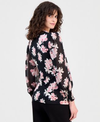Women's Floral-Print Smocked-Cuff Wrap Top