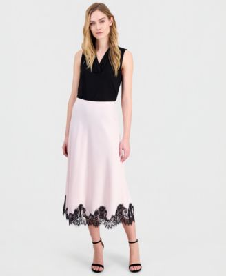 Women's Lace-Trim Midi Satin Skirt