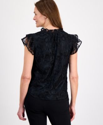 Women's Ruffled-Sleeve Tie-Front Lace Top