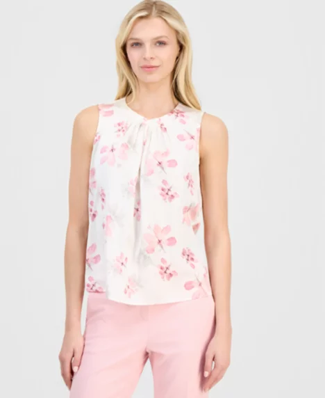 Petite Sleeveless Pleated-Front Top - White Dove Multi
