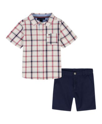 Boys' 2T-7 Point Collar Stripe Shirt and Shorts, 2-Piece Set