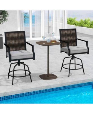 Outdoor PE Wicker Swivel Bar Stools with Back Armrests and Cushion