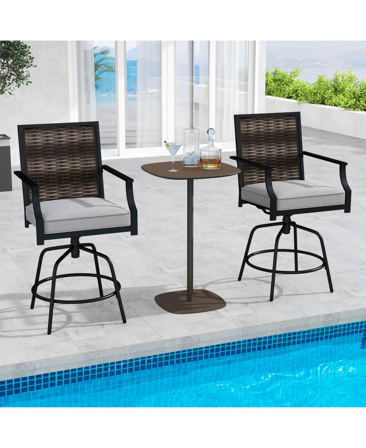 Costway Outdoor Pe Wicker Swivel Bar Stools with Back Armrests Cushion