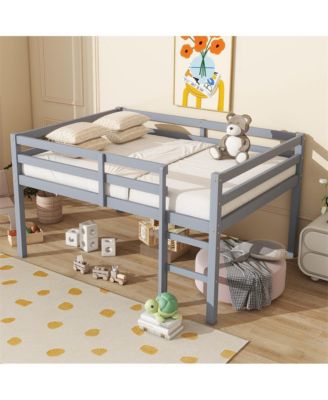 Full Size Loft Bed with Ladder Rubber Wood Platform Bed with Underbed Storage and Guardrails