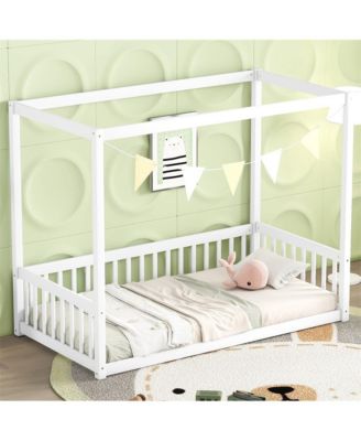 Twin Size Canopy Floor Bed with Safety Fence Wooden Play Bed with Guardrails for Kids Room
