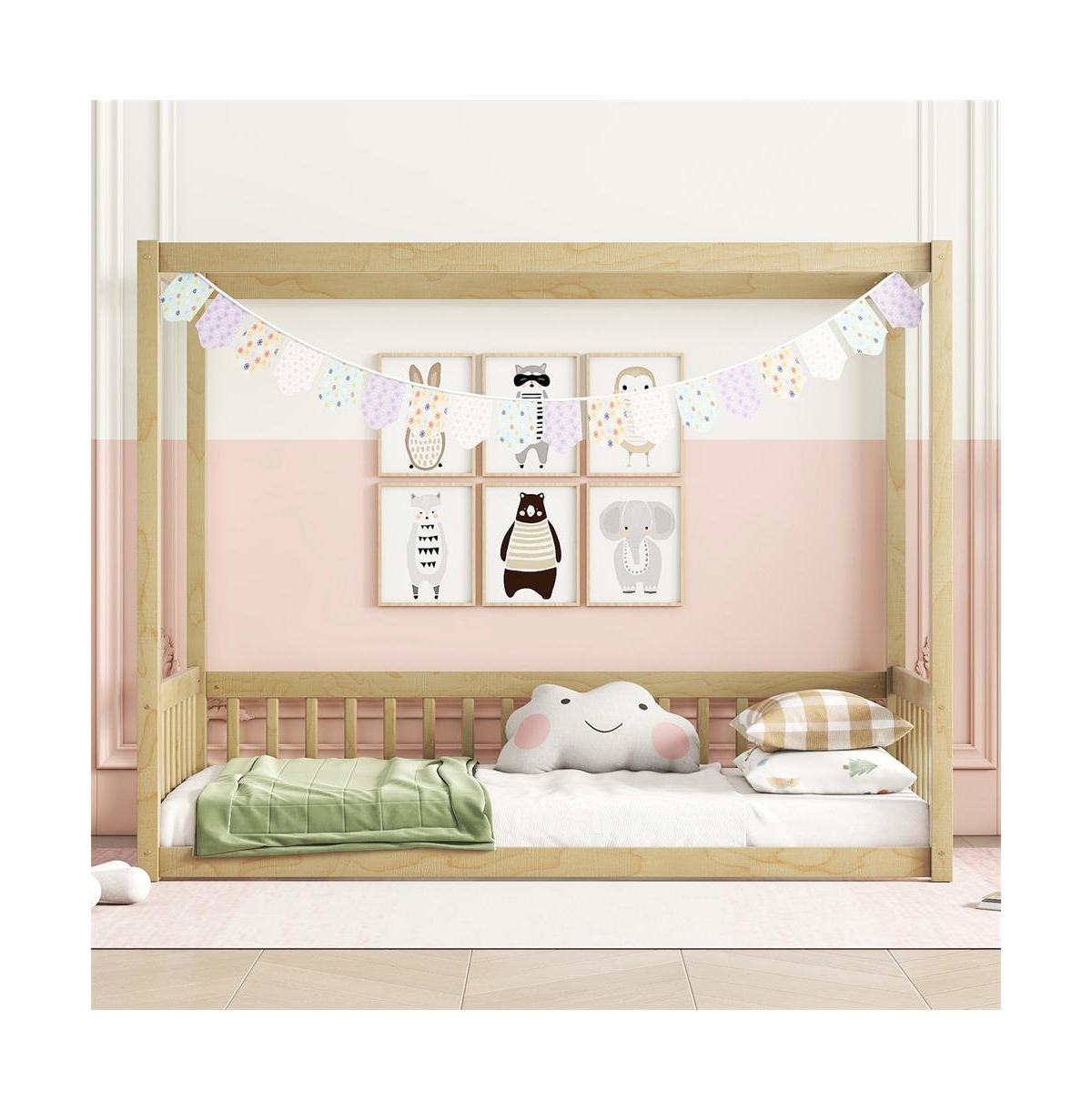 Cesicia Twin Canopy Floor Bed with Safety Fence Wooden Play Guardrails for Kids Room