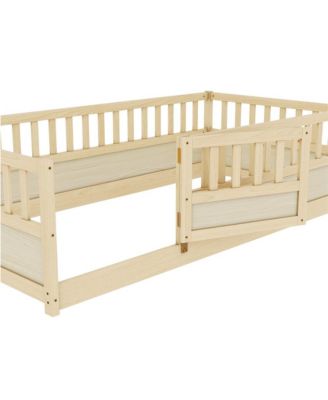 Twin Size Wooden Floor Bed Integral Construction with High Security Barrier Pine French Style for Kids