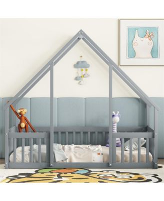 Twin Wood House-Shaped Floor Bed with Safety Fence & Roof Frame Kids Bed for Bedroom Playroom