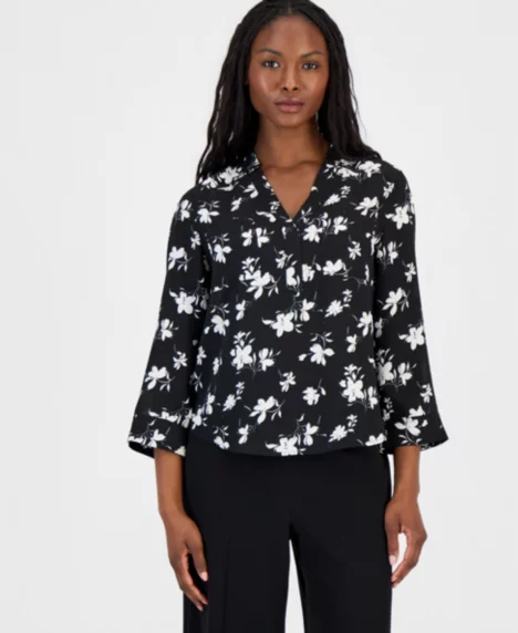 Petite Printed 3/4-Sleeve V-Neck Top - Anne Black