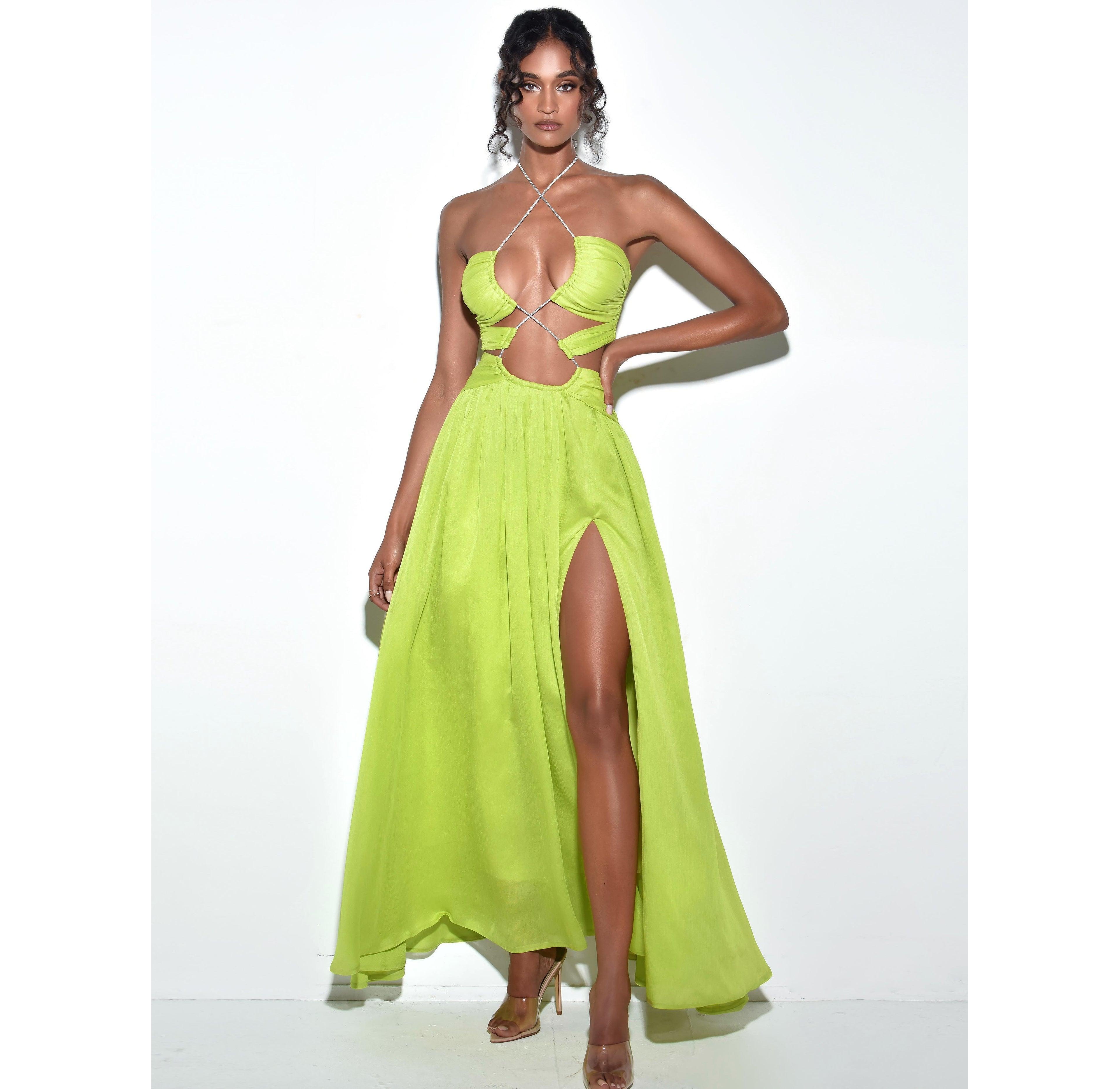 Miss Circle Women's Quinby Lemon Chiffon Pleated Lace Up Maxi Dress