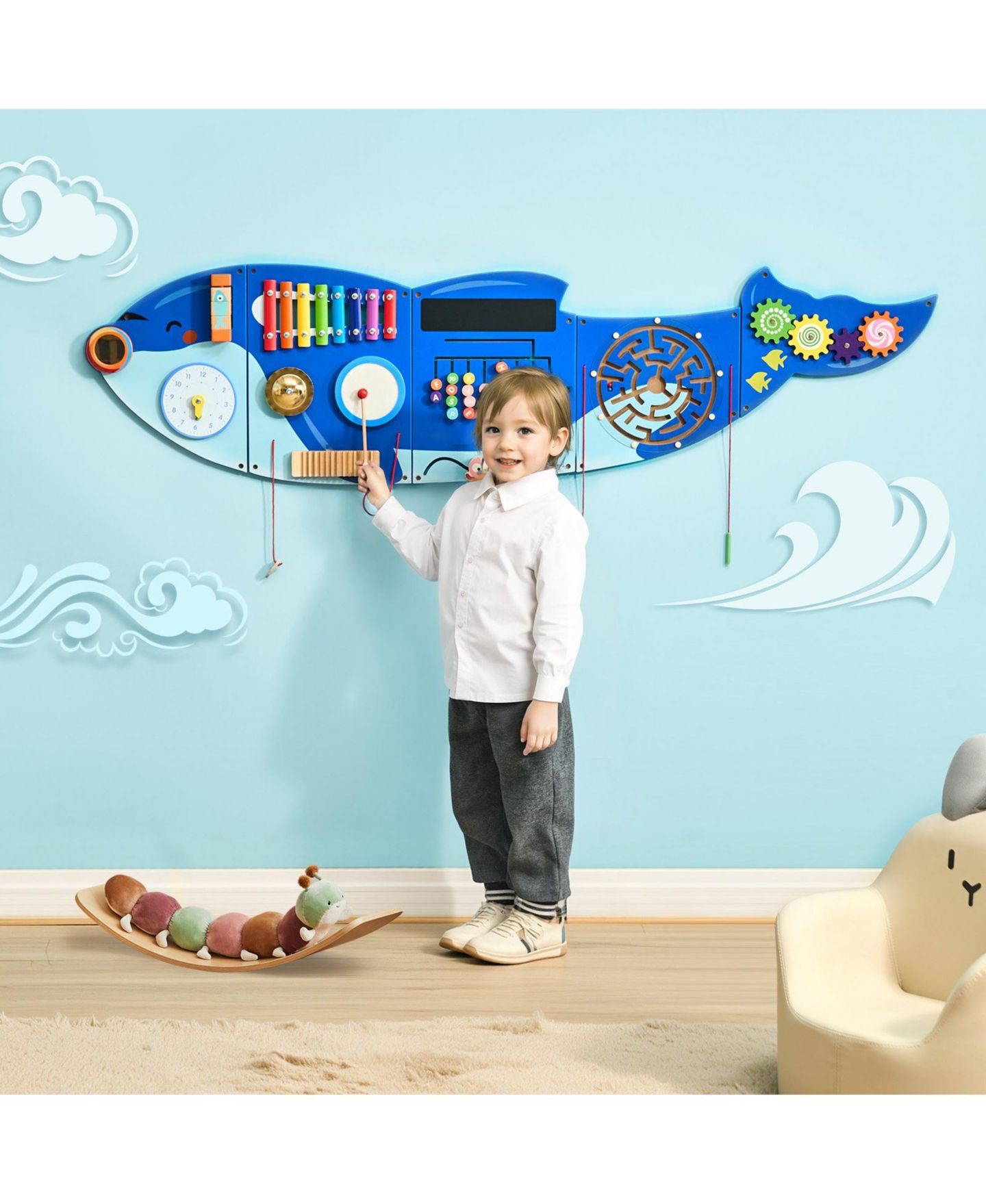 Детские игрушки Slickblue Orca Activity Wall Busy Board Montessori-Inspired 12 Activities, Ages 3-12, цвет: Синий — фото 2