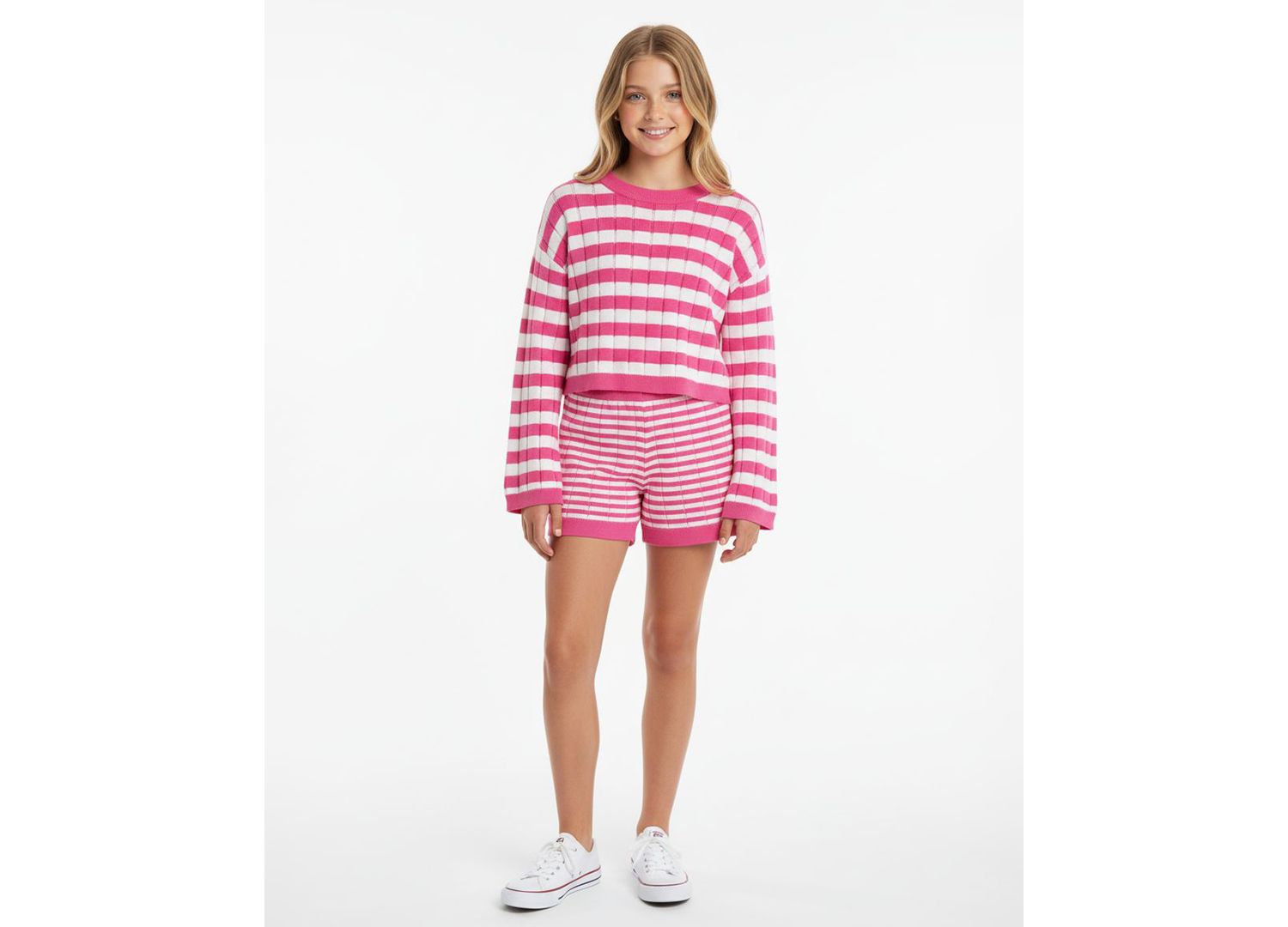 Girls' 7-16 Mixed Stripe Sweater and Shorts, 2-Piece Set