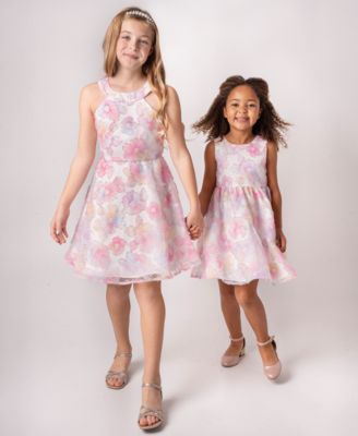 Girls' 2T-6X Floral Sequin Soutache Round Neck Dress