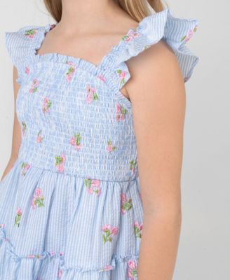 Girls' 7-16 Smocked Bodice Square Neck Dress and Bag, 2-Piece Set