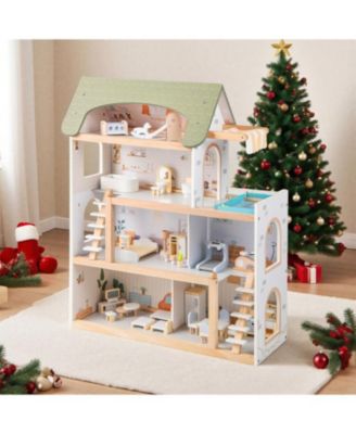 Wooden Dollhouse Playset for Kids with 33 Furniture Pieces