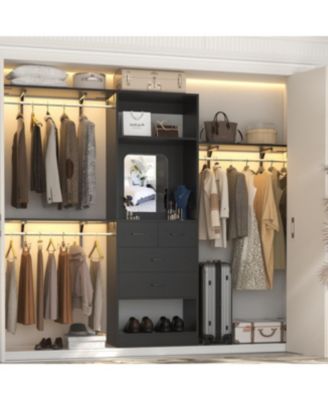 96'' Closet Organizer System with 4 Drawers & Mirror, Heavy Duty Closet System with 3 Shelving Towers & Hanging Rods